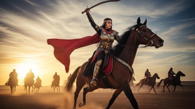 Warrior Queen Leads Cavalry Charge at Sunset