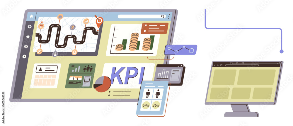 Poster data dashboard with charts, kpi metrics, pipeline maps, mobile and desktop analytics integration. id