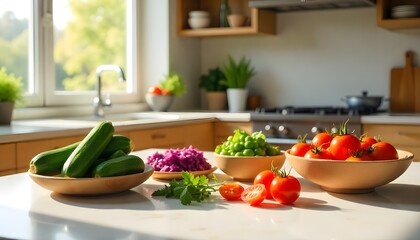 Scandinavian Kitchen Countertop with Freshly Chopped Vegetables, Zucchini, Purple Cabbage, Cherry Tomatoes & Herbs in Minimalist Bowls
