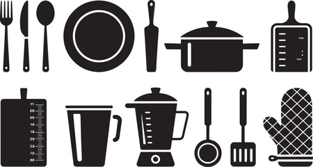Kitchen Utensils Vector Illustration Set Black Silhouette on Transparent Background Design