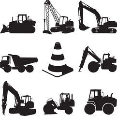 Construction Equipment Silhouette Collection Heavy Machinery Icons Bulldozer Excavator Crane Truck