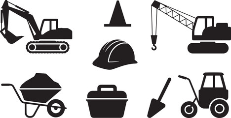 Construction Equipment Silhouette Vector Set: Tools, Machinery, and Safety Gear