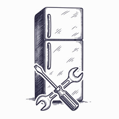 Home appliance repair icons presenting refrigerator with crossed wrench and screwdriver illustrate fixing. Home appliance repair icons represent household maintenance and troubleshooting.
