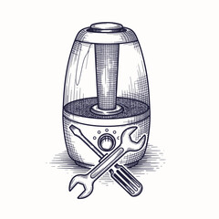 Home appliance repair icons presenting sketched humidifier with tools, showing home appliance repair icons.