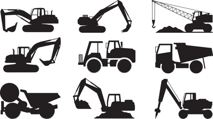 Construction Vehicle Silhouette Collection Excavator Crane Dump Truck Tractor Bulldozer