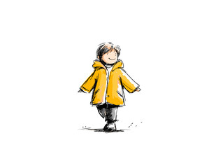 Child walking happily in a yellow coat on a white background  