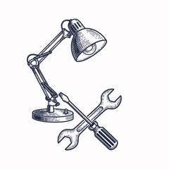 Home appliance repair icons featuring a lamp and tools to showcase repair service, representing fixing and maintaining equipment. Home appliance repair icons are essential for businesses in this area.