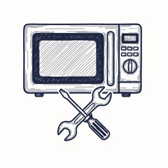 Hand drawn microwave oven with screwdriver and wrench depicts appliance repair, highlighting home appliance repair services. Installation and home appliance repair represented by sketch,