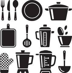 Cooking Utensils Vector Illustration Set Black Silhouette on Transparent Background Design