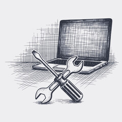 Home appliance repair illustrated with laptop and crossed tools symbolizing maintenance icons. Home appliance repair depicted with computer and spanner,