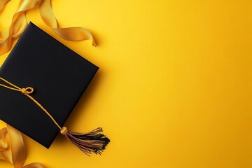 Graduation Cap Still Life on Yellow, copy space, diploma, education
