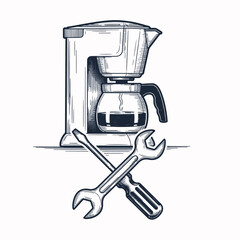 Coffee maker appliance repair illustration showing crossed tools below machine, symbolizing repair service. This Coffee maker appliance repair embodies mending household devices,