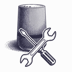 Home appliance repair depicted with crossed wrench and screwdriver next to smart speaker. Home appliance repair illustrates assistance for fixing technical devices,
