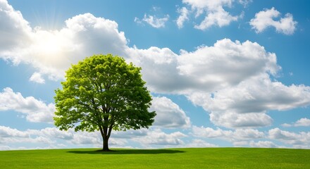 Obraz premium Lush Green Tree in a Scenic Landscape Under a Blue Sky