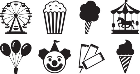 Amusement Park Icons Set Ferris Wheel Popcorn Cotton Candy Carousel Balloons Clown Tickets Ice Cream