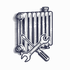 Home appliance repair icon showcasing radiator crossed with wrench and screwdriver. Home appliance repair and maintenance services shown using essential tools. Symbolizing expertise and reliability,