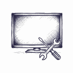 Home appliance repair icons showcasing television set with wrench and screwdriver for electronics troubleshooting, symbolizing fixing.