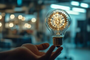 Hand Holding Gear Lightbulb Concept of Innovation, Engineering , Technology