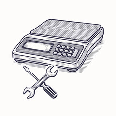 Home appliance repair icons showcase crossed screwdriver and wrench with digital scale against a plain white backdrop, home appliance repair represented by precision tools.