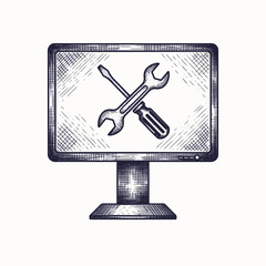 Home appliance repair icons appear on computer monitor featuring screwdriver and wrench. Symbol for home appliance repair icons displayed on screen signifies essential service tools, maintenance,