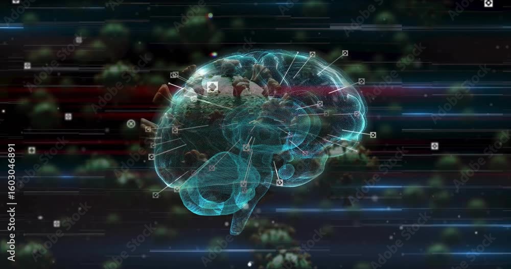 Poster emerging cyan 3d brain rotating while data callout icons shifting illustrating neural analysis