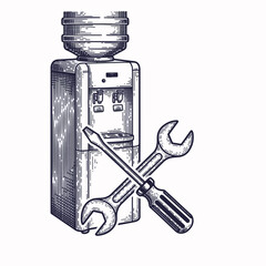 Home appliance repair icons showing water cooler with crossed wrench and screwdriver, imply fixing broken equipment. Home appliance repair icons represent essential home maintenance,