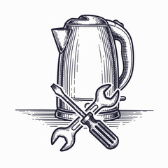Home appliance repair icons present kettle with crossed tools for essential maintenance and service. Home appliance repair emphasizes management and safety; electrical appliances need regular fixing.
