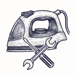Home appliance repair icon featuring crossed wrench and screwdriver with electric iron. Home appliance repair requires specialized tools.