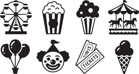 Carnival Fun Fair Icons Set Ferris Wheel Popcorn Treats Clown Balloons Tickets Carousel