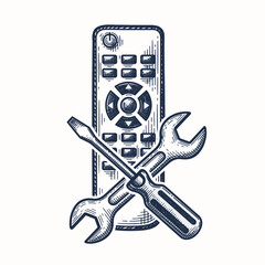Home appliance repair icons showcase crossed wrench and screwdriver with remote control in detailed illustration.