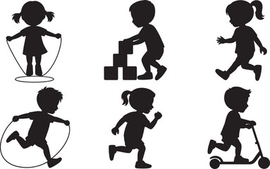 Children Playing Silhouette Collection Kids Activities Black and White Vector Illustration