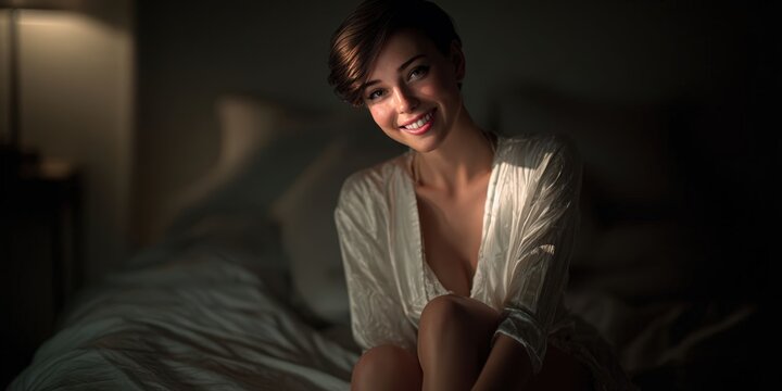 Night Portrait of Smiling Caucasian Woman in Nightgown Sitting on Bed