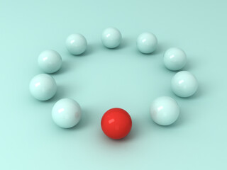 Stand out from the crowd and different concept One strange red sphere among other light blue balls forming circle on light blue green pastel color background minimal leader concepts 3D rendering