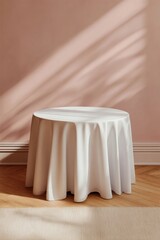 Minimalist Round Table with White Tablecloth in Sunlit Room