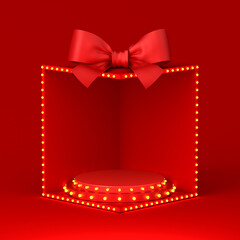 Blank red round podium pedestal in red exhibition booth gift box corner product display mockup showcase stand with red ribbon bow and retro light bulbs on dark red background idea concept 3D rendering