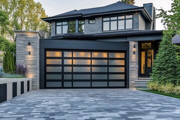 Modern Stone Facade Home with Glass Garage Door, Architecture , Luxury