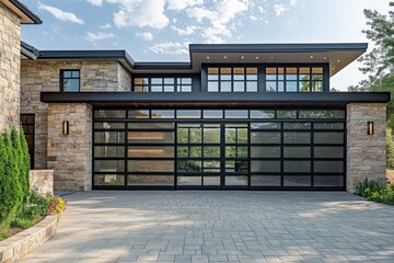 Modern Stone House Facade with Glass Garage Door, Architecture, Design