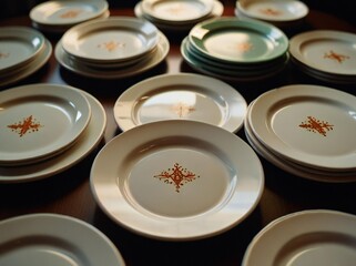 Stack of elegant white plates with subtle orange designs