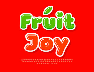 Naklejka premium Vector Funny flyer Fruit Joy. Glossy Red Font. Cute Sweet Alphabet Letters and Numbers set.