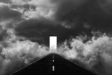 A black and white road leading to a bright portal through dark clouds