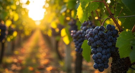 Ripe Grapes in Vineyard at Sunset - Wine Making Concept