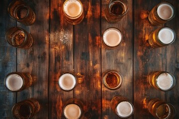 Overhead Shot of Beers on Wooden Table, Rustic Pub ,Drinks