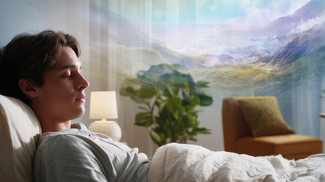 A young man lies calmly in bed, experiencing a state of hypnosis aimed at promoting relaxation and healing.
