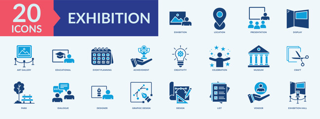 Exhibition icon collection set with art gallery, graphic design, event planning, exhibition hall, museum
