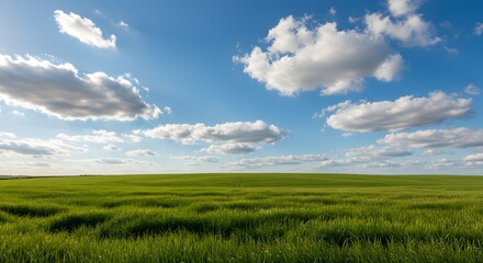 Scenic Landscape of a Lush Green Field Under a Blue Sky with Clouds