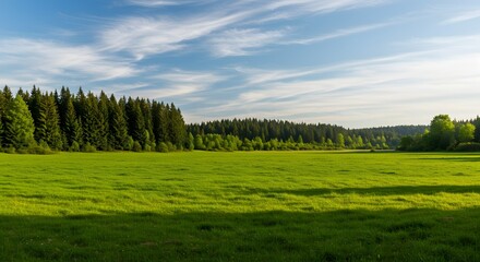 Naklejka premium Scenic Meadow and Forest Landscape Under Blue Sky