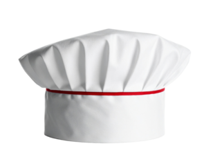 Classic white chef's hat with red trim, a symbol of culinary professionalism, isolated on white.