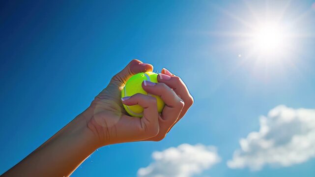 Hand releasing a tennis ball against a bright blue sky on a sunny day