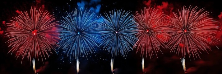 Red and Blue Burst Vibrant Fireworks Display on Dark Backdrop, Celebration, Nightlife