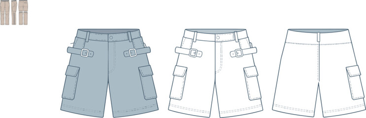 Cargo shorts CAD drawing, flat vector fashion illustration with buckle details, dual pocket styles, simplified back view variation